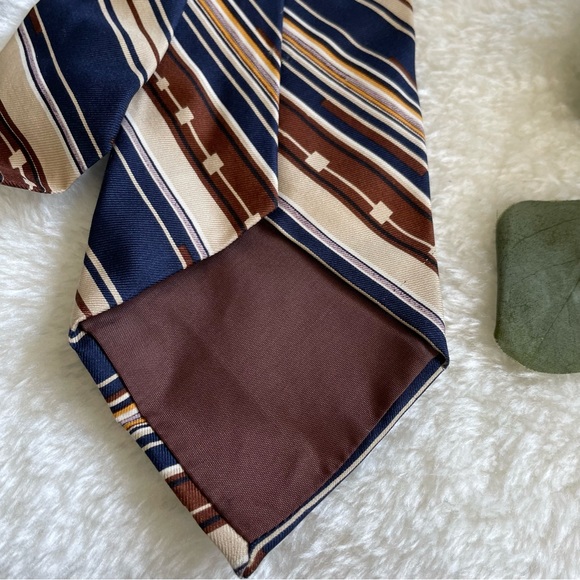 H.A.&E. Smith Ltd. Traditional Width Diagonal Striped Navy, Tan, and Brown Tie - Picture 2 of 8
